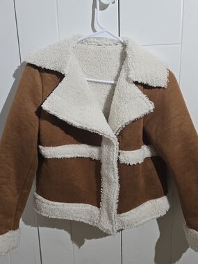 Sherpa Lined Faux Suede Coat - Tan/White